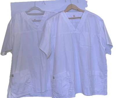 Carhartt Men's XXL White Scrub Tops Short Sleeve V-Neck Front Pockets Set Of 2 - Image 1 of 4