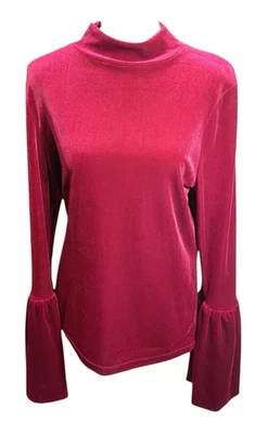 Vtg Y2K Velour Top Burgundy LRG Flare Bell Sleeve Mock Neck Boho Charmed Stevie - Image 1 of 4