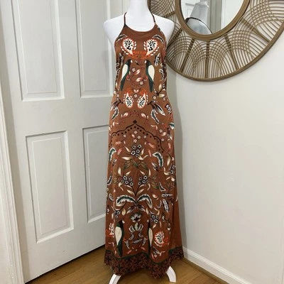 Maxi Vestido House of Harlow 1960 Satin Birds Resort Tropical Halter Espalda Baja L Foto 1 de 4