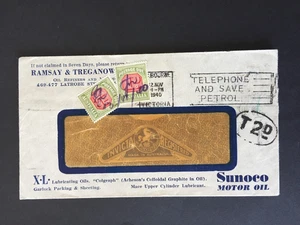 AUSTRALIA 1940 1d POSTAGE DUES x 2 ON SUNOCO MOTOR OILS RAMSEY & TREGANOW COVER - Bild 1 von 2