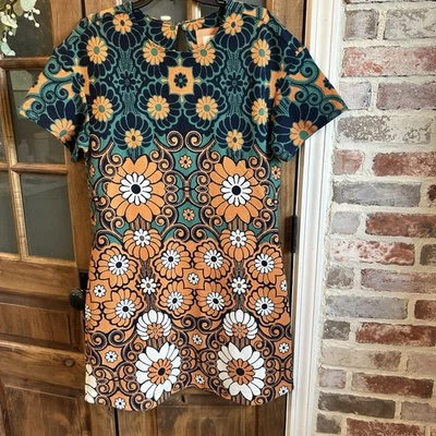 Anthropologie Maeve Dress Med Floral Mini Shift Orange Boho Hippie Retro - Image 1 of 4