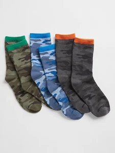 Gap Boys Crew Socks 3 Pairs Large Shoe Size 3-4 Black Blue Gray Green Camouflage - Picture 1 of 3