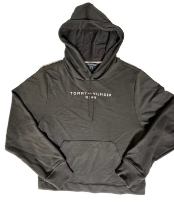 Tommy Hilfiger Mujer Pequeña Pequeña Recortada Negra Logo Sudadera con Capucha  Foto 1 de 4