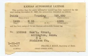 1927 Arrington Kansas auto license for 1918 E35 Buick Touring car - Samuel Ernst - Picture 1 of 1