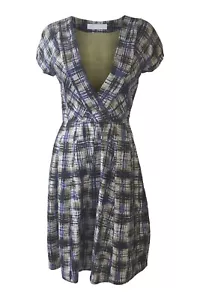NICOLE FARHI 100% Silk Purple Green Hash Print Fit and Flare Dress (UK 8) - Picture 1 of 2