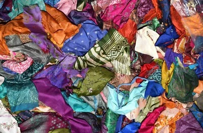 US Store 100 g Recycled Sari Silk Fabric snippets Remnant Fabri mix Multi colors