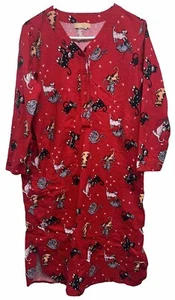 La Cera Night Gown Shirt Cats Red Flannel w Pockets Women Size M Preowned - Picture 1 of 5