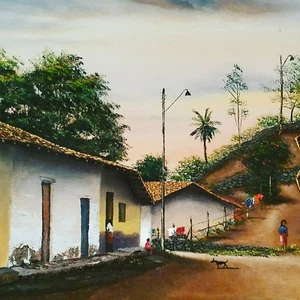 Pintura al óleo multicolor latina enmarcada Cabrera 1988 18x22 enmarcada vida comunitaria - Imagen 1 de 4