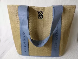 Victoria's Secret Straw Beach Tote Travel Bag Logo Blue Denim Straps, Beige - Picture 1 of 6
