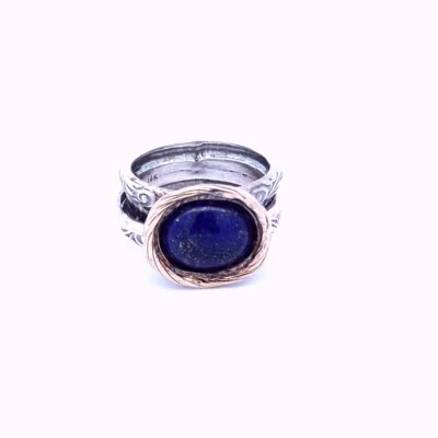 Estate 14K Yellow Gold Sterling Silver Nested Lapis Lazuli Spinner Carved Ring - Image 1 of 4