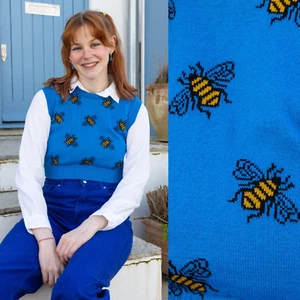 RUN AND FLY Bee Cropped Tank Top Sweater Vest Blue XS-4XL - Picture 1 of 5