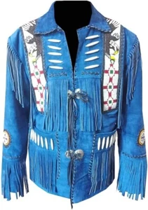 Men's Suede Leather Fringe Jacket Native American Cowboy Beaded Jacket For Men - Picture 1 of 4