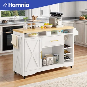 Kitchen Island 47" Farmhouse Dining Cart Cabinet Storage Trolley w/ Power Outlet - Picture 1 of 12