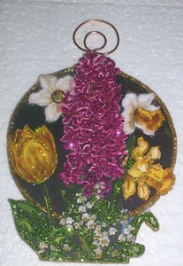 Daffs, Tulips & Hyacinth ~ Glitter Christmas Seasonal Ornament ~ Vintage Image - Picture 1 of 4