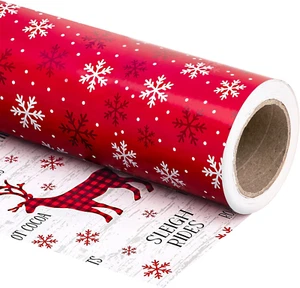 Reversible Christmas Wrapping Paper17"x33' Red White Snowflakes, Reindeer Design - Picture 1 of 21