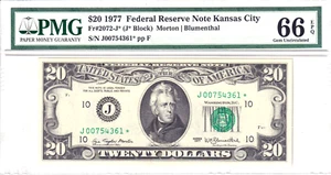 1977 $20 Federal Reserve **STAR** Note Kansas City PMG 66EPQ Pop 2/1 #J00754361* - Picture 1 of 2