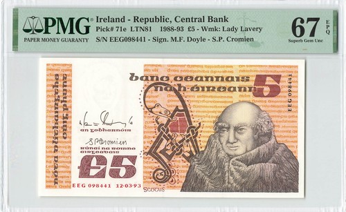 Ireland 5 Pounds 1993, P-71e, Pmg 67 Epq Superb Gem Unc, Rare Grade & Date