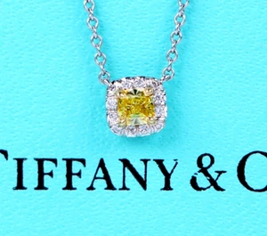 Tiffany Co Soleste Platinum 18K Fancy Vivid Yellow Cushion Diamond Halo Necklace - Picture 1 of 11