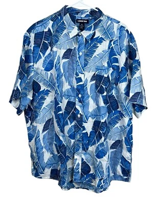 Camisa Hawaiana Lands End Para Hombres XL 100% Lino Azul Blanco Estampado Hoja de Palma Tropical Foto 1 de 4