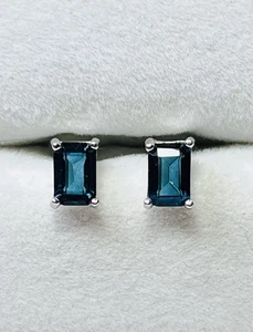 925 Sterling Silver Natural London Blue Topaz Emerald Cut Stud Earrings - Picture 1 of 10