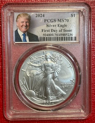 PCGS MS70 2024 PRIMER DÍA EMISIÓN FDI PLATA AMERICAN EAGLE MONEDA-DONALD TRUMP-JUL20 Foto 1 de 2