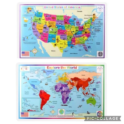 Tot Talk's World e EUA Mapas Educacionais Apagamento a Seco Placemat Conjunto *2* Homeschooling - Imagem 1 de 4