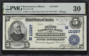 Brownstown, IL. $5 1902 Plain Back. Fr. 603. FNB. #10397. PMG VF 30 - Picture 1 of 2