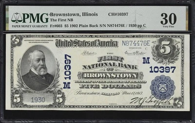 Brownstown, IL. $5 1902 Plain Back. Fr. 603. FNB. #10397. PMG VF 30 - Image 1 of 2