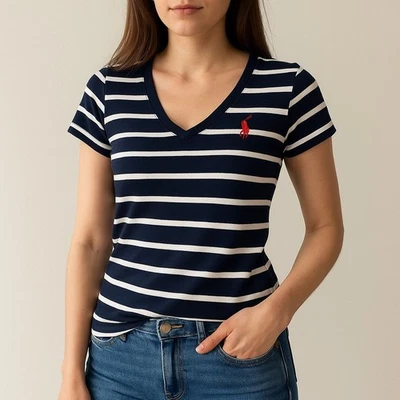 Camiseta deportiva Polo Ralph Lauren a rayas cuello en V para mujer pequeña azul marino blanco rojo pony Foto 1 de 4