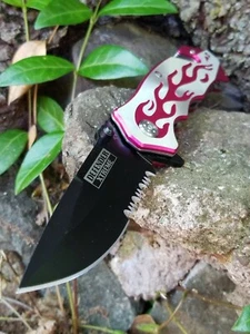 TACTICAL SPRING ASSISTED SILVER / PINK FLAME POCKET KNIFE SERRATED LADIES EDC 💗 - Picture 1 of 10
