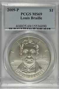 2009-P Louis Braille Commemorative Silver Dollar PCGS MS69 - Picture 1 of 5