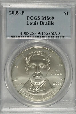 2009-P Louis Braille Commemorative Silver Dollar PCGS MS69 - Image 1 of 4