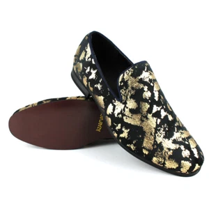 ÃZARMAN Men's Slip On Velvet Black & Gold Leopard Print Dress Shoes Loafers LS21 - Picture 1 of 7