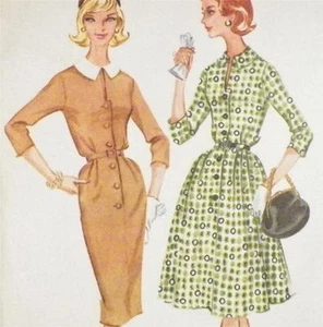 1960 Front Button Dress Sewing Pattern Size 14 Slim Full Skirt Collar 3/4 Sleeve - Picture 1 of 2