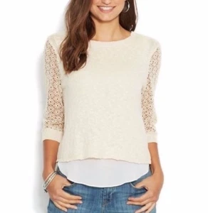 Lucky Brand Cinema Sweater Lace Sleeves Open Back Detail High Low Hem Boho Sz L - Picture 1 of 7