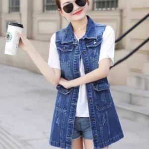 Women's Sleeveless Denim Waistcoat Long Coat Slim Ladies Jacket Vest S-5XL - Picture 1 of 16
