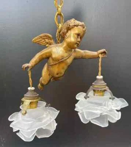Antique angel cherub putti pendant light gilded spelter around 1900 - Picture 1 of 7