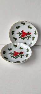 Vtg Christmas Cardinals By Lefton 2 Round Trinket Dish Holly Berries Japan - Foto 1 di 6