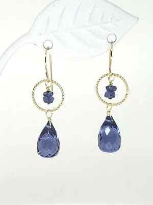 Pendientes colgantes de oro amarillo de 14k con briolette de tanzanita y anillo retorcido Foto 1 de 4