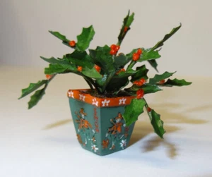 Dollhouse Artisan Wilhelmina Christmas Holly Plant in Green Planter Miniature - Picture 1 of 1