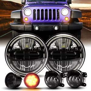 For Jeep JK 2007-2018 7" LED Halo Headlights & Fog Lights & Turn Light Combo Kit - Foto 1 di 12