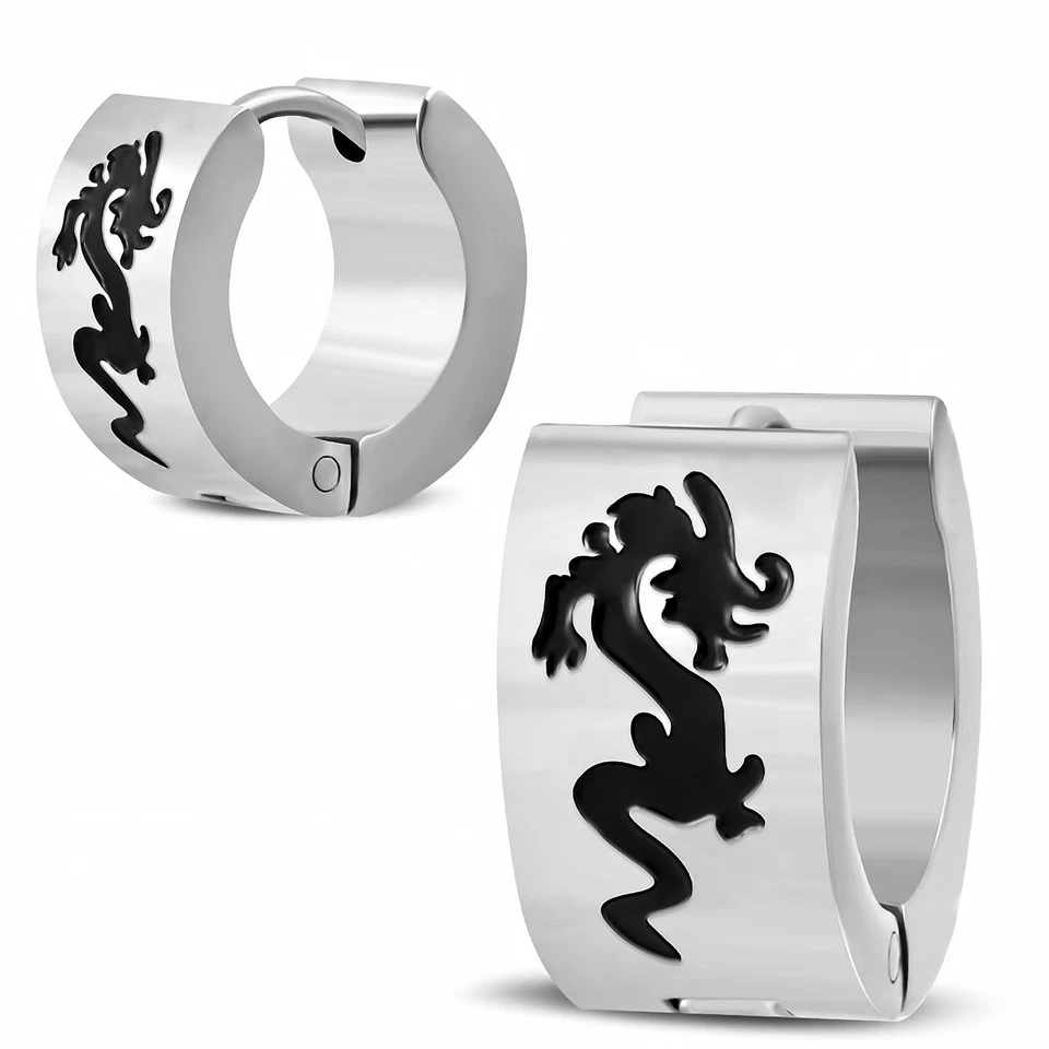 2er Set Acciaio Inox Pieghevole Orecchini a Cerchio Drago Argento Nero Uomo - Immagine 1 di 1