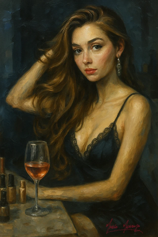 Mario Mendoza Oil Painting Print Canvas Beautiful Woman Sexy Wine Art Night Bar - Image 1 of 4