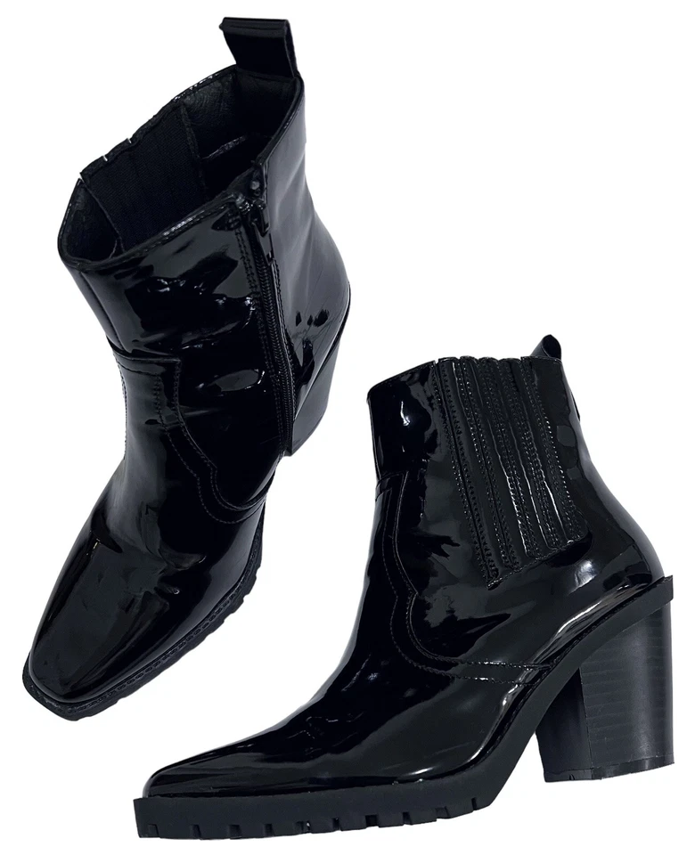 Diba Black Western Ankle Boot Cheyanne Shiny Patent Snip Toe Chunky Heel 7.5 M - Image 1 of 4