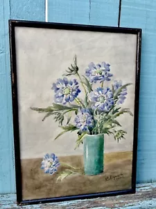 1940er Jahre Vintage Still Life Aquarell Scabiosa Blumen in Vase von JE HEYWOOD - Bild 1 von 9
