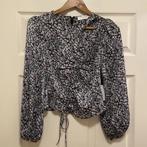 ASTR THE LABEL "Lavender Black Ditsy" Floral Balloon Sleeve Cutout Blouse Sz XS - Picture 1 of 7
