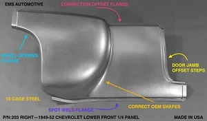 Chevrolet 1949-52 panel trasero inferior 1/4 Chevy 49 50 51 52 #203 solo derecho - Imagen 1 de 1