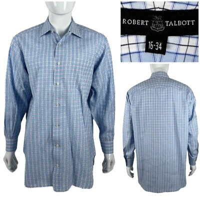 Robert Talbott Mens 16 - 34 Shirt Plaid Blue Button Front 100% Cotton Poland EUC - Image 1 of 4