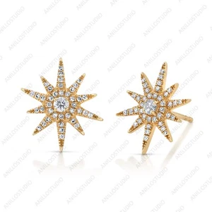 Orecchini a perno stella brillante diamanti naturali oro giallo 14 kt matrimonio bigiotteria - Foto 1 di 2