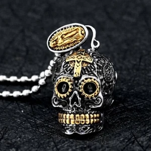 MOYON Mens Gothic 10k Biker Punk Gold Skull Pendant Necklace Stainless Steel - Picture 1 of 5